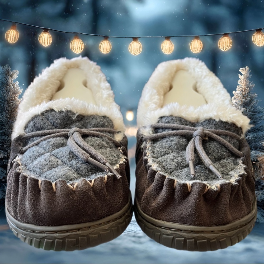 NWT Earth Origins Women’s Cozy Gray and Brown Slippers with Faux Fur Size 10